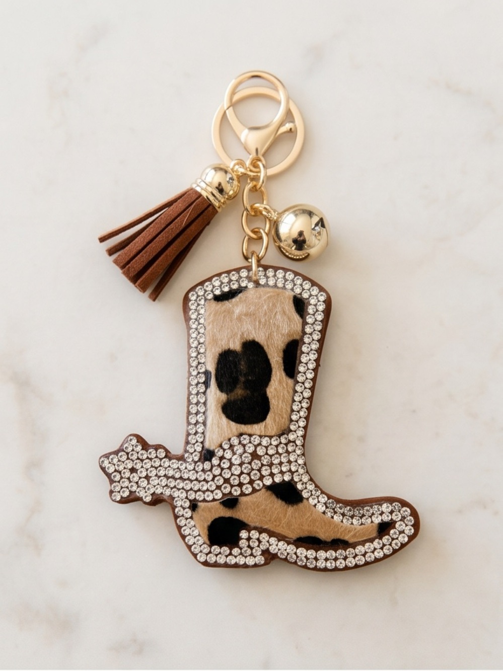Cowhide Leopard Print Cowboy Boot Keychain with Tassel